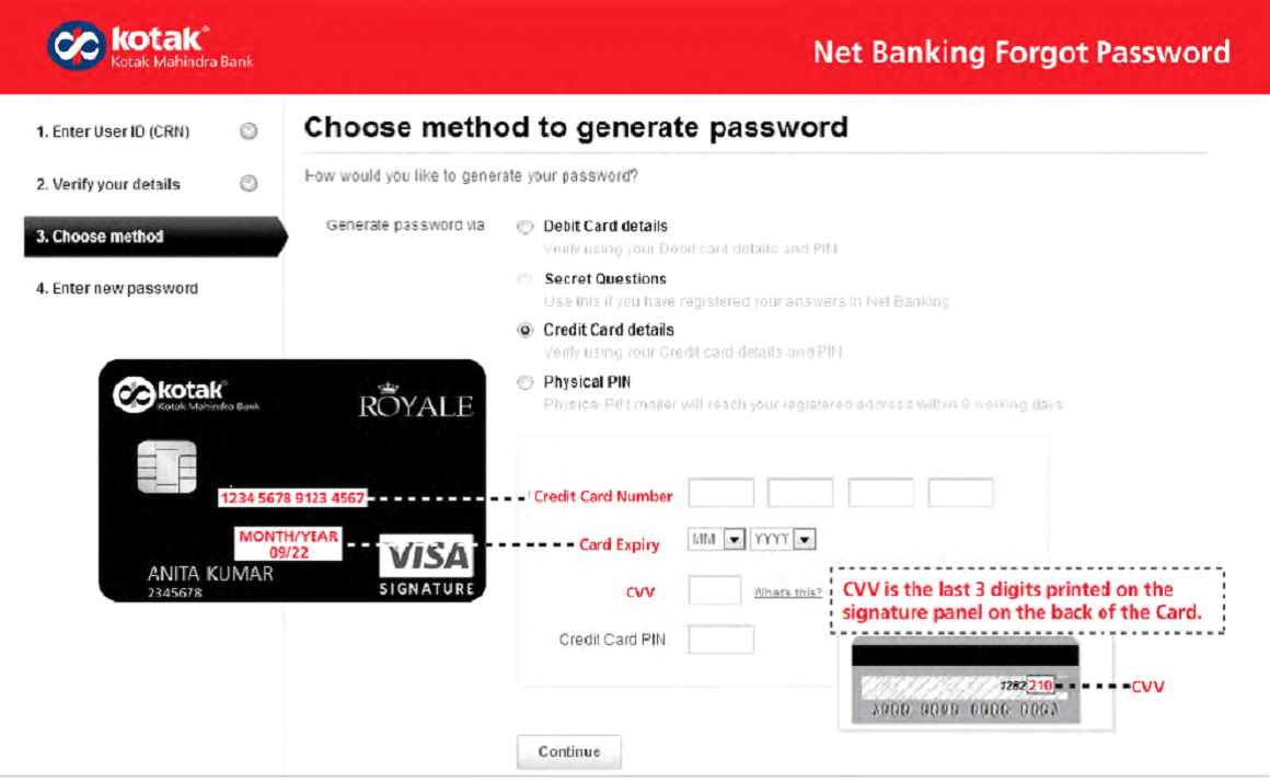 Kotak password generation with credit card