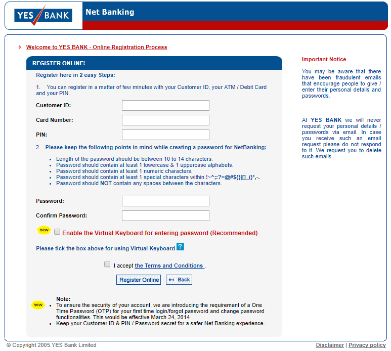 online registration process of YES bank