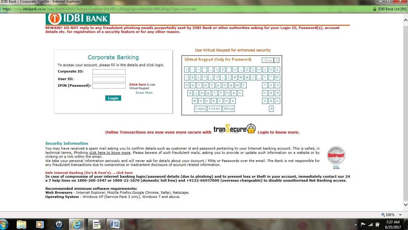 IDBI Corporate banking login