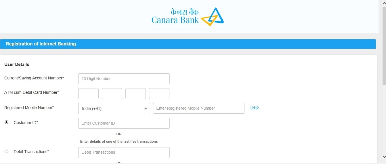 Canara Bank Online Banking Registration Form