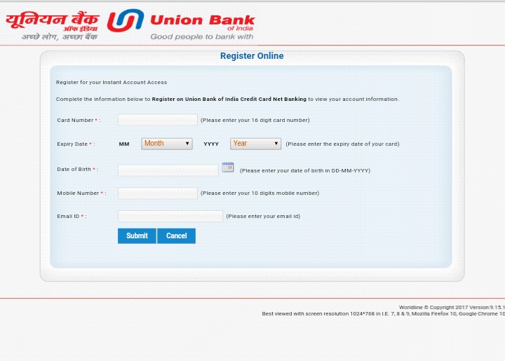 register for credit card net banking UBI