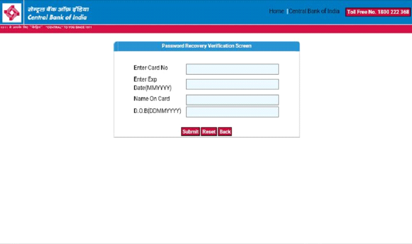 cntral bank of india password recovery
