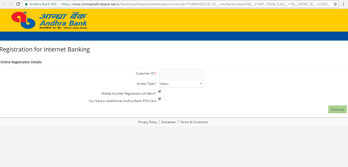 Andhra Bank new user registration 