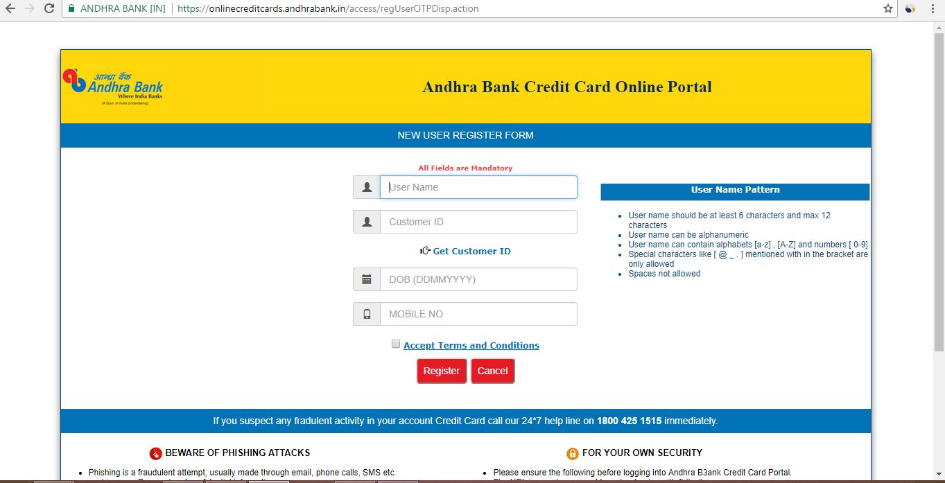 Andhra Bank Credit card registration